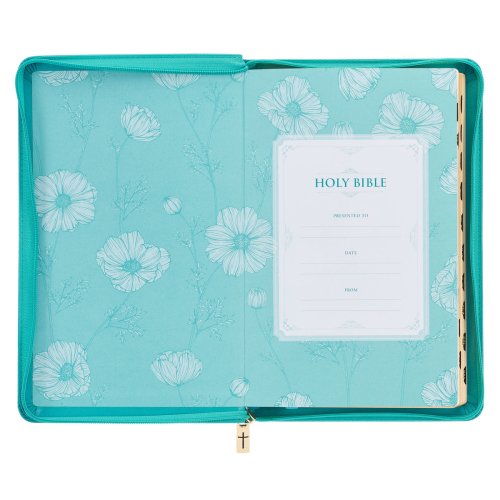 KJV Holy Bible, Standard Size Faux Leather Red Letter Edition - Thumb Index & Ribbon Marker, King James Version, Teal Floral Zipper Closure