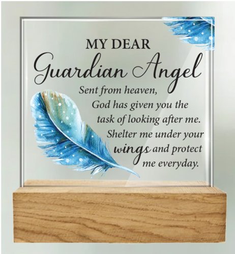 Guardian Angel Glass Plaque with Wood Base