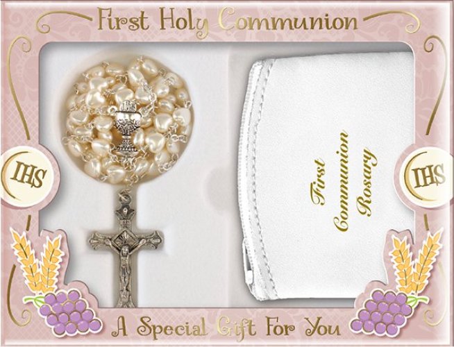 White Imitation Pearl Communion Rosary with Purse