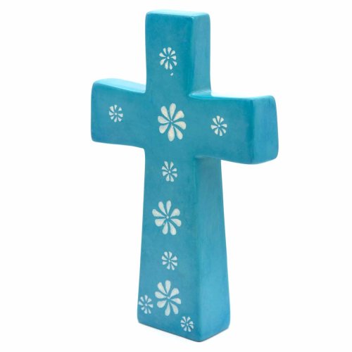 Standing Soapstone Cross - Turquoise Flower