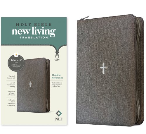 NLT Thinline Reference Zipper Bible, Filament Enabled (LeatherLike, Textured Cross Gray, Red Letter)