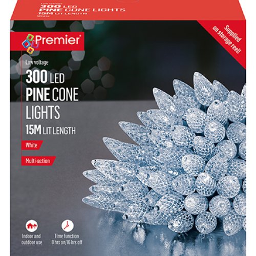 300 LED Pine Cone Lights 15 M Lit length Green cable on roller in Bright White