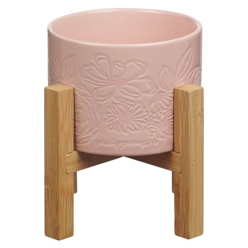 Planter w/Wood Stand Pink Floral Phil. 1:6