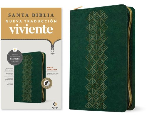 Biblia ultrafina NTV de zíper, con Filament (SentiPiel, Verde esmeralda, Índice, Letra Roja)