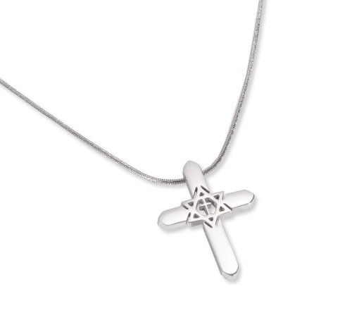 Necklace-Cross & Star Of David-Stainless Steel Silver Plated (#95107)