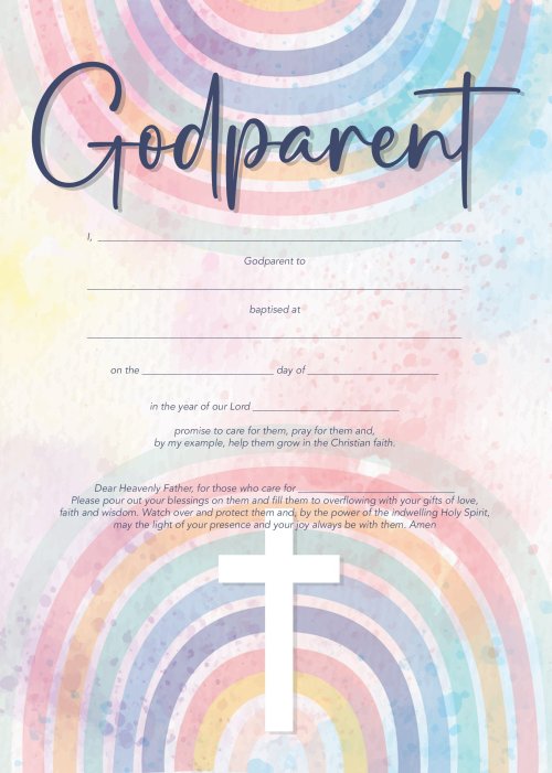 Godparent Certificate - Cross with Rainbow - 10 pack