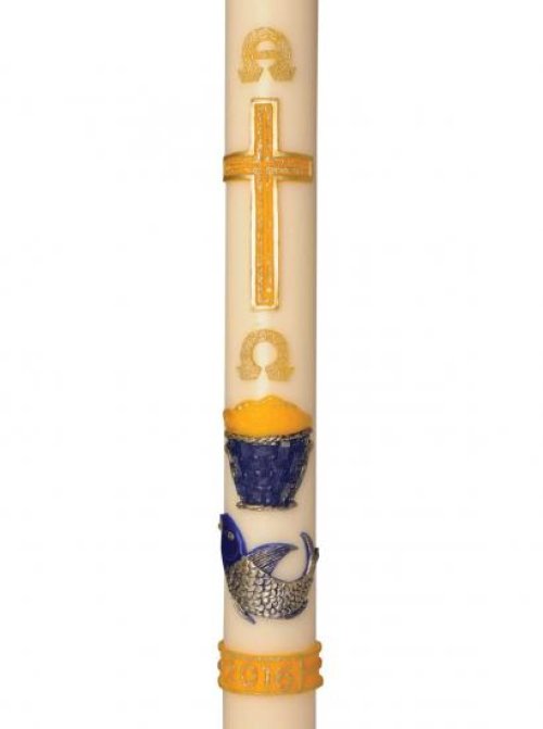 30" x 3" Paschal Candle with Alpha & Omega with Silver Fish Wax Relief