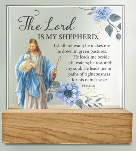 The Lord is My Shepherd Glass Plaque with Wood Base