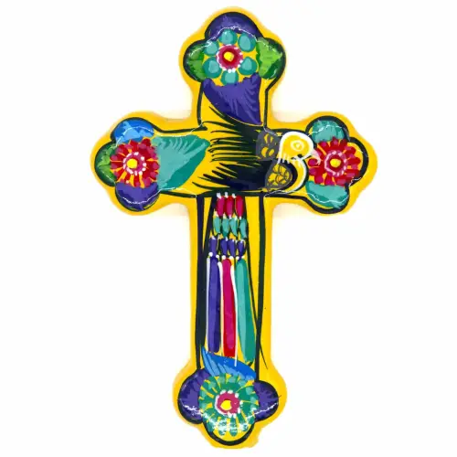 Mexican Painted Ornate Bird Cross - Yellow
