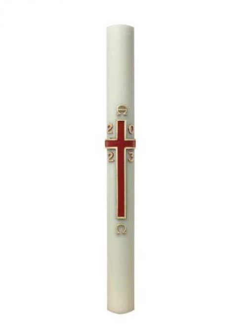 30" x 2" Paschal Candle with Dark Red and Gold Cross Wax Relief