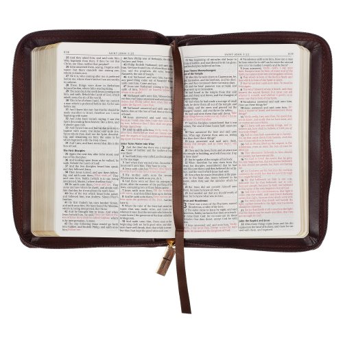 KJV Bible Compact Faux Leather, Burgundy/Saddle Tan w/zipper