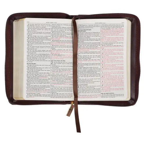 KJV Bible Compact Faux Leather, Burgundy/Saddle Tan w/zipper