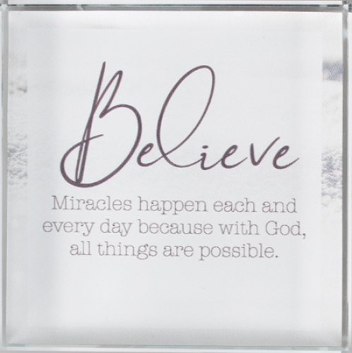 Believe Miracles Glass Block Paperweight