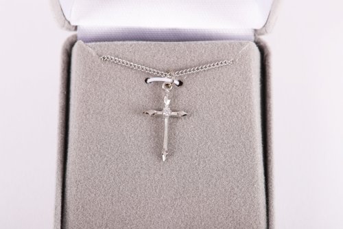 Necklace-Sterling Silver Platinum Plated-Brass Chain-Cross Stone (16-18")