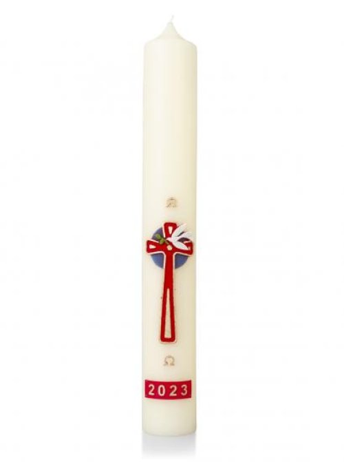 30" x 2" Paschal Candle with Red Cross with White Dove Wax Relief - 2025