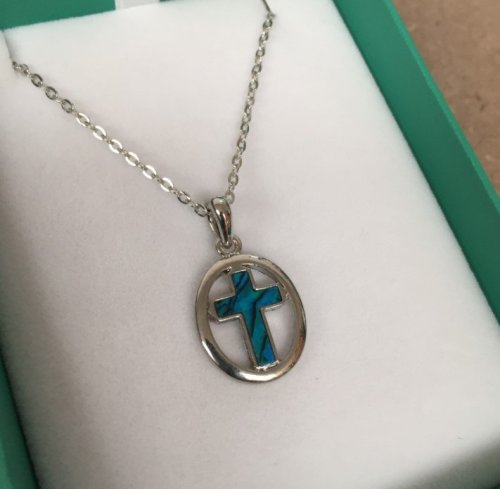 Inlaid Paua Shell Circled Cross Pendant in Blue