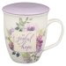 Mug with Lid Purple/White Floral Be Joyful in Hope Rom. 12:12