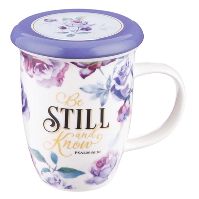 Be Still & Know Purple Floral Ceramic Coffee Mug with Spoon - Psalm 46:10