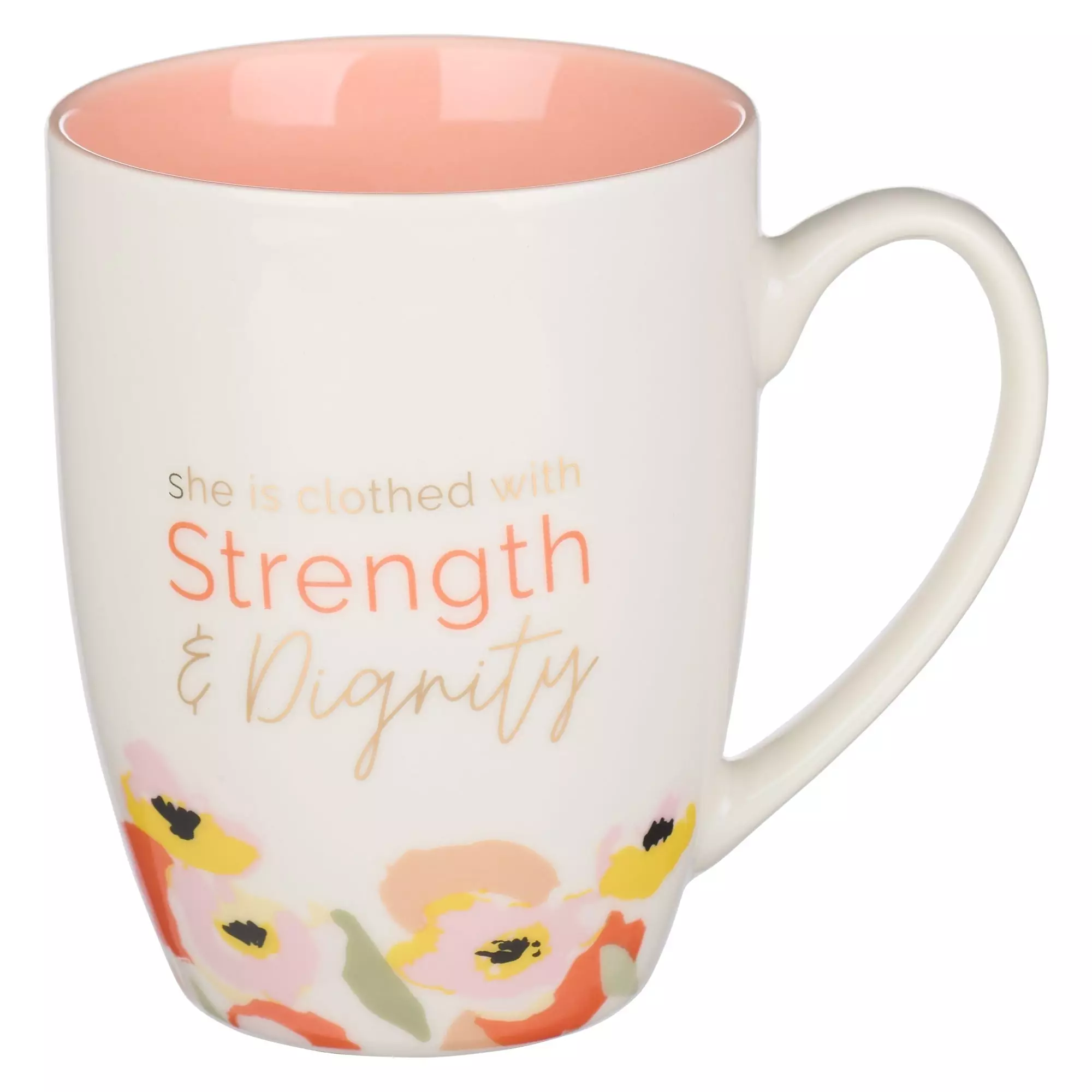 Mug White/Peach Poppies Strength & Dignity Prov. 31:25