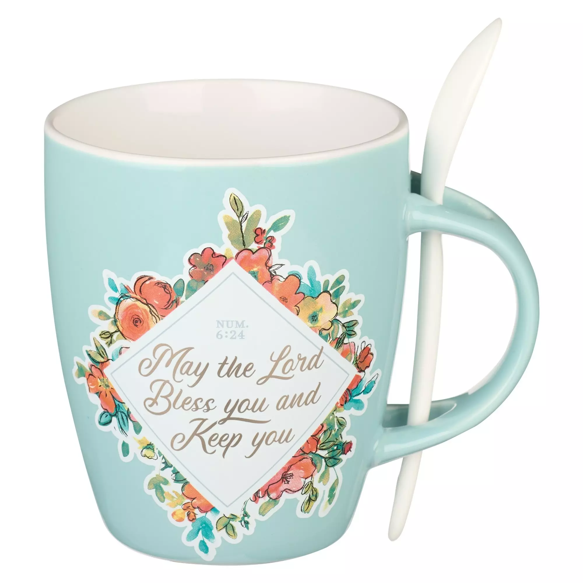 Mug with Spoon White/Teal Floral The Lord Bless You Num. 6:24
