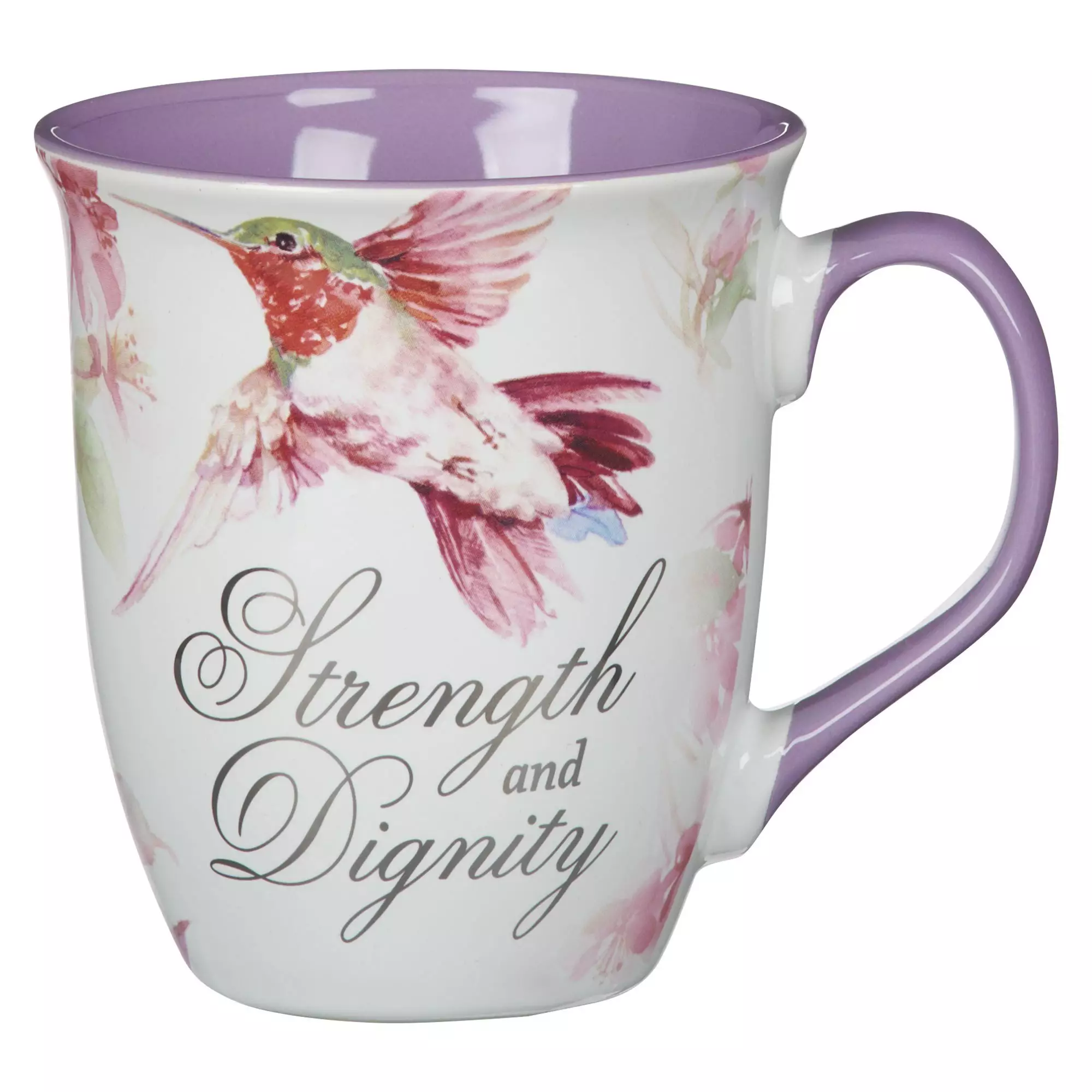 Mug Purple Hummingbird Strength & Dignity Prov. 31:25