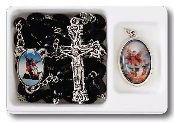 Saint Michael Medal Black Wood Rosary