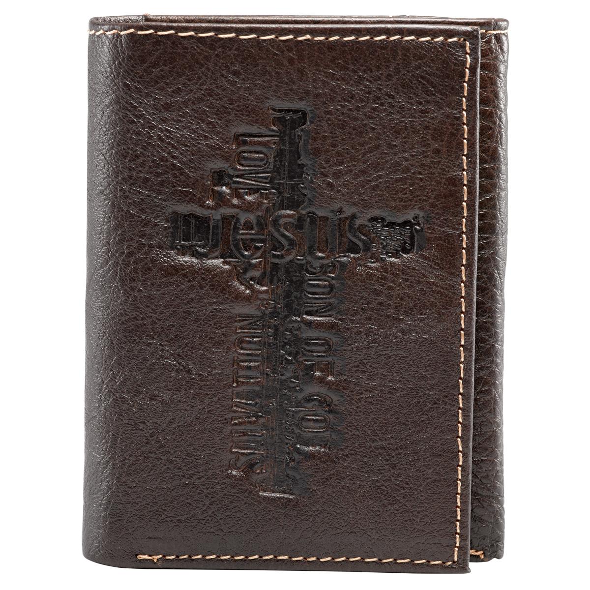 Brown Genuine Leather Tri-Fold Wallet w Cross