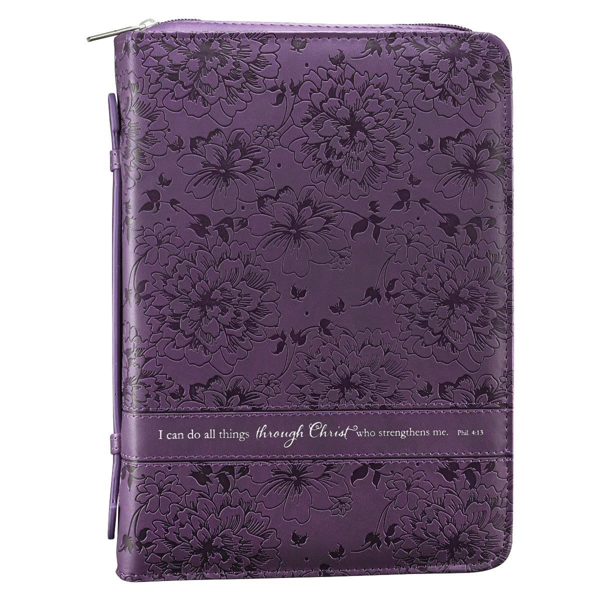 Large Philippians 4 13 Purple Floral Lux Leather Bible Cover