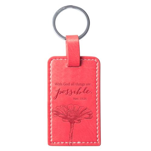 With God Mt 19 26 Pink Lux Leather Keyring