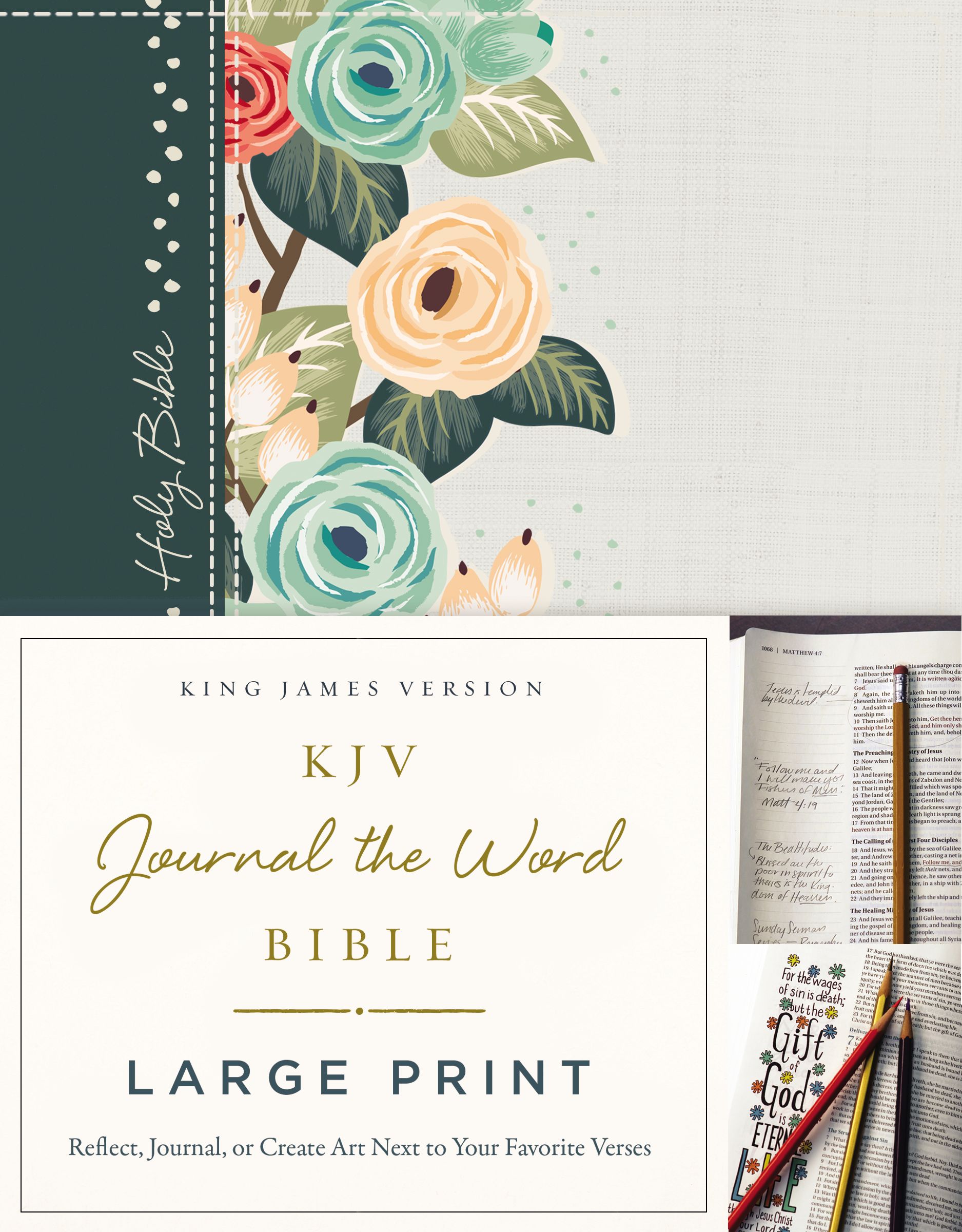 KJV Journal the Word Bible Large Print Hardcover Green Floral Clot