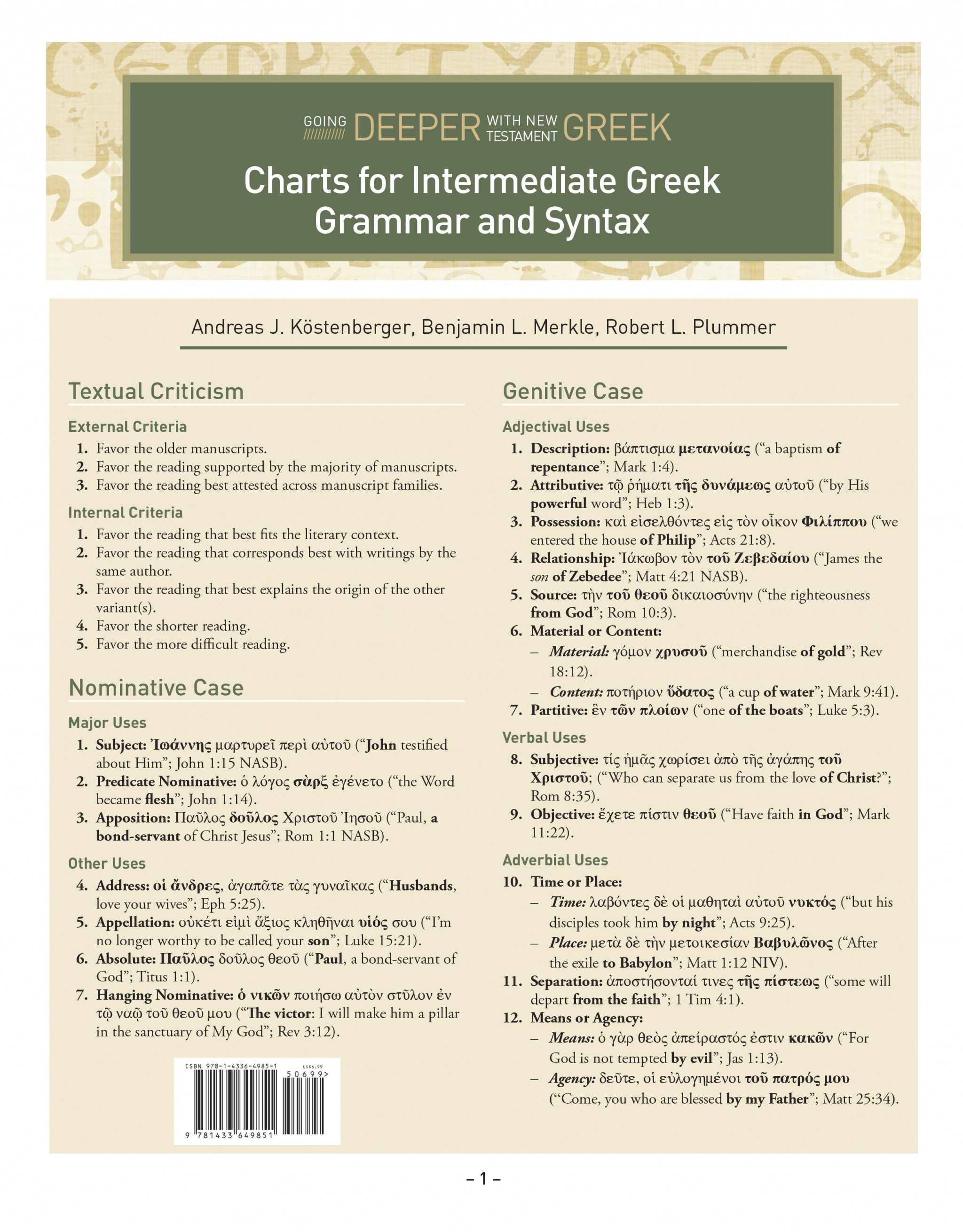 Charts for Intermediate Greek Grammar and Syntax By K (Poster)