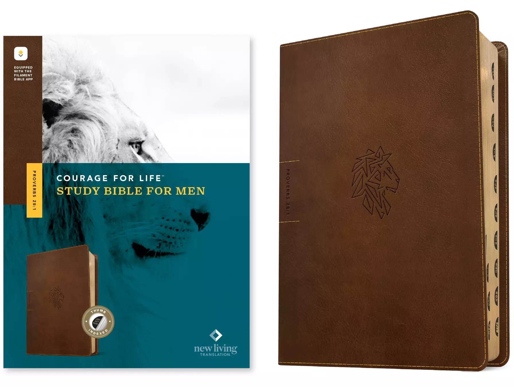 NLT Courage For Life Study Bible for Men (LeatherLike, Rustic Brown Lion, Indexed, Filament Enabled)