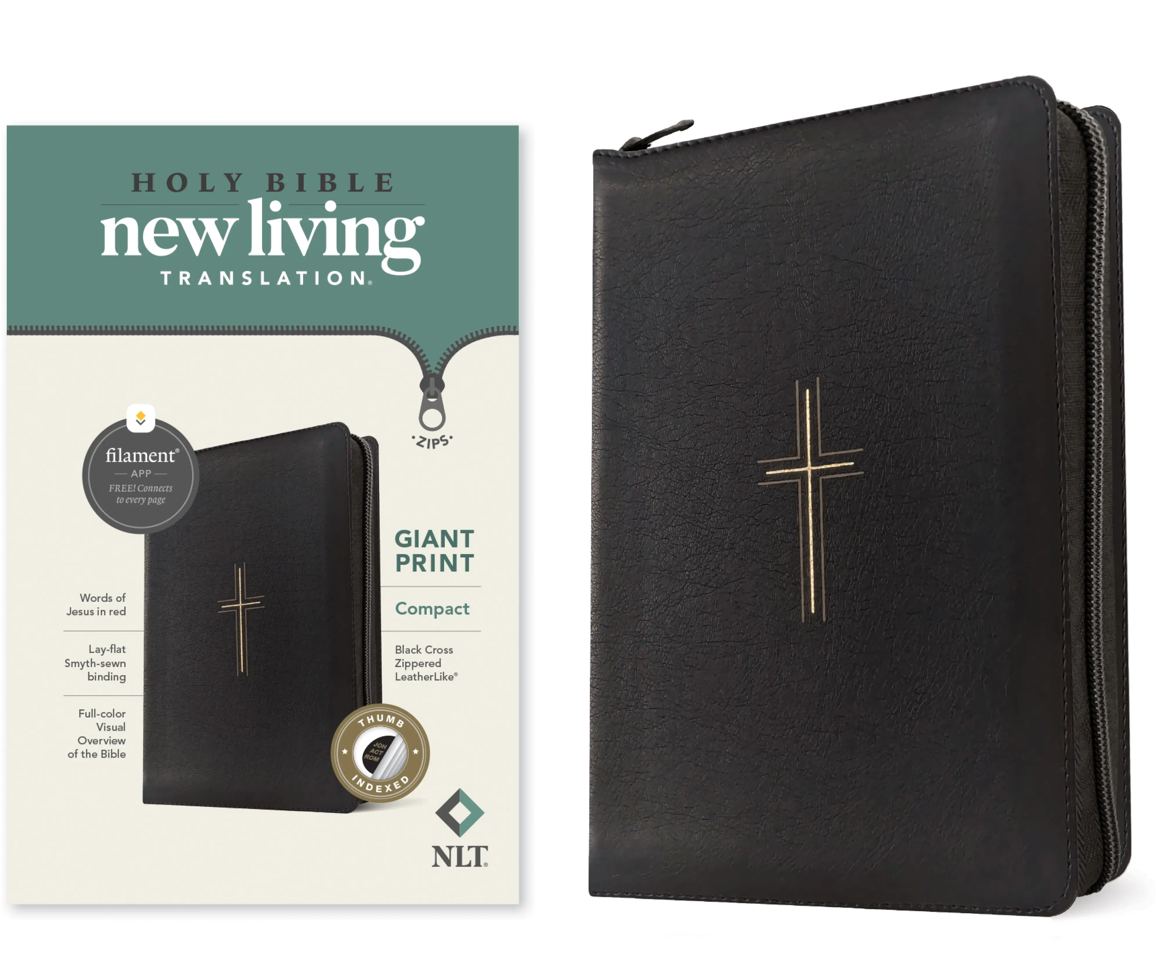 NLT Compact Giant Print Zipper Bible, Filament Enabled (LeatherLike, Black Cross, Indexed, Red Letter)